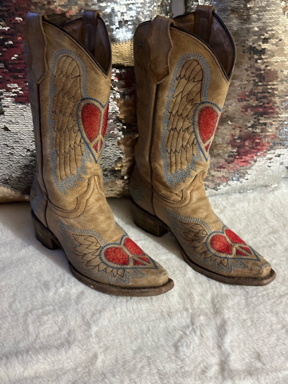 CORRAL, Tan Leather Wing & Heart Embroidered Western Boots - Women's